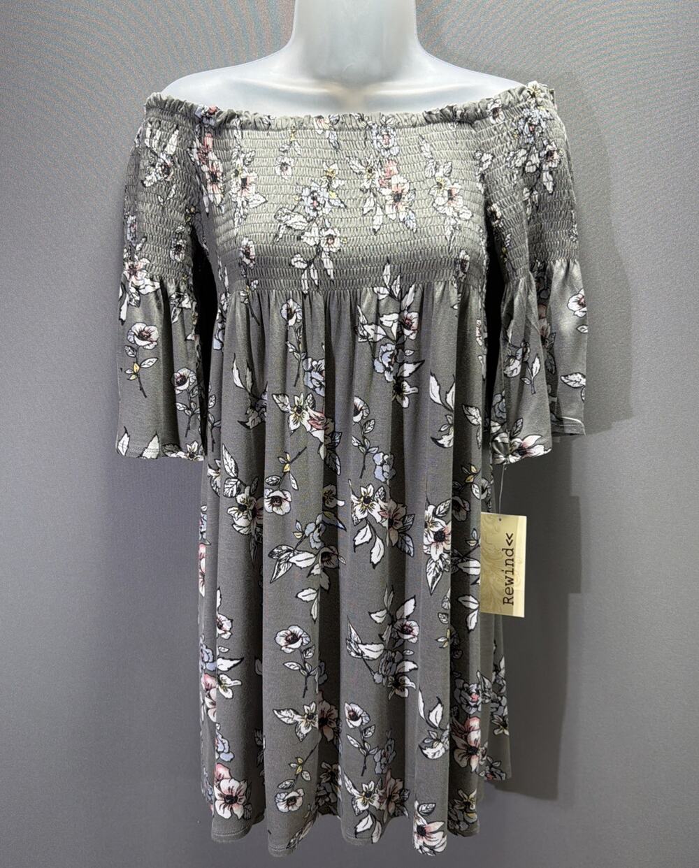 Rewind Mini Dress Floral Off The Shoulder Bell Sleeve Stretch Size M New